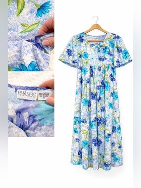 Phases Floral Cotton Midi Dress Cottagecore Prairie 90s Y2K Blue M